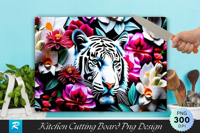 White Tiger With Floral Cutting Board Sublimation Regulrcrative 