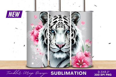 White Tiger With Pink Flowers Tumbler Png Sublimation Regulrcrative 