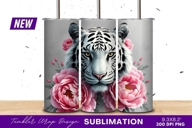 White Tiger With Pink Peonies Floral Artwork Sublimation Regulrcrative 