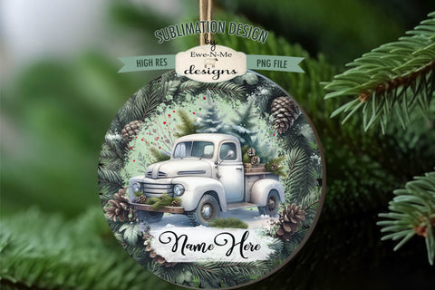 White Truck Christmas Ornament Design PNG Files | Add Your Own Name Sublimation Ewe-N-Me Designs 