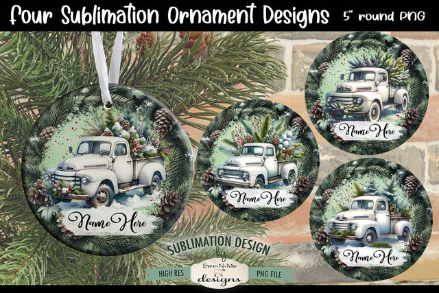 White Truck Christmas Ornament Design PNG Files | Add Your Own Name Sublimation Ewe-N-Me Designs 