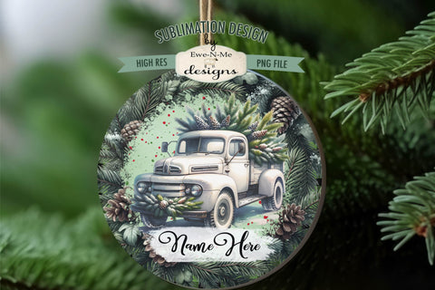 White Truck Christmas Ornament Design PNG Files | Add Your Own Name Sublimation Ewe-N-Me Designs 
