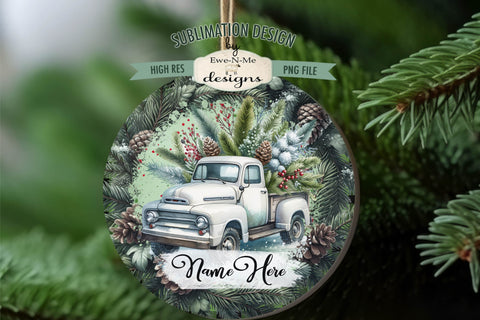 White Truck Christmas Ornament Design PNG Files | Add Your Own Name Sublimation Ewe-N-Me Designs 