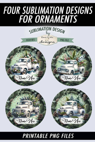 White Truck Christmas Ornament Design PNG Files | Add Your Own Name Sublimation Ewe-N-Me Designs 