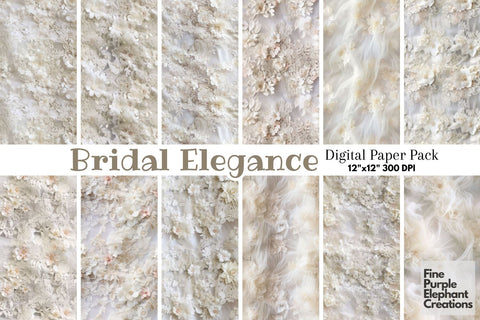 White Wedding Lace Dress Fabric Digital Pattern Fine Purple Elephant Creations 
