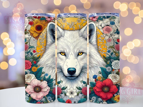 White Wolf Flower 20oz Tumbler Wrap Sublimation Design, Straight Tapered Tumbler Wrap, Vintage Wolf Tumbler Png, Instant Digital Download Sublimation SvggirlplusArt 