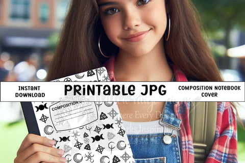 Wiccan Witchy Symbols Notebook Cover Printable – Black and White Composition Book Design – 6.9" x 10" JPG for 7.5" x 9.75" Notebook – Pentacle, Moon, and Mystical Elements – 300 DPI Sublimation Willow Paige Farms 