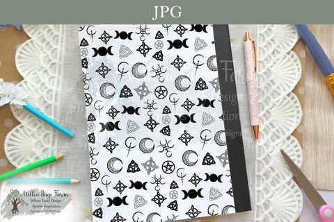 Wiccan Witchy Symbols Notebook Cover Printable – Black and White Composition Book Design – 6.9" x 10" JPG for 7.5" x 9.75" Notebook – Pentacle, Moon, and Mystical Elements – 300 DPI Sublimation Willow Paige Farms 