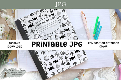 Wiccan Witchy Symbols Notebook Cover Printable – Black and White Composition Book Design – 6.9" x 10" JPG for 7.5" x 9.75" Notebook – Pentacle, Moon, and Mystical Elements – 300 DPI Sublimation Willow Paige Farms 