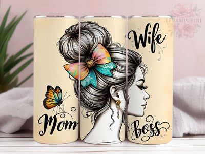 Wife Mom Boss Messy Bun 20oz Tumbler Wrap PNG, Mother's Day Tumber Png, Straight & Tapered Tumbler Wrap, Instant Digital Download Sublimation Li Zamperini 