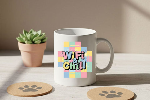 WiFi & Chill Png, Retro Pastel Aesthetic Quote Design, Cute Funny Sublimation Clipart, Checkered Background Png for Shirts And Stickers SVG TiffsCraftyCreations 