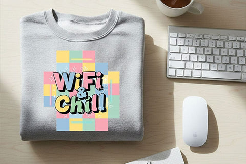 WiFi & Chill Png, Retro Pastel Aesthetic Quote Design, Cute Funny Sublimation Clipart, Checkered Background Png for Shirts And Stickers SVG TiffsCraftyCreations 