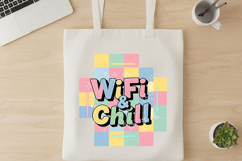 WiFi & Chill Png, Retro Pastel Aesthetic Quote Design, Cute Funny Sublimation Clipart, Checkered Background Png for Shirts And Stickers SVG TiffsCraftyCreations 