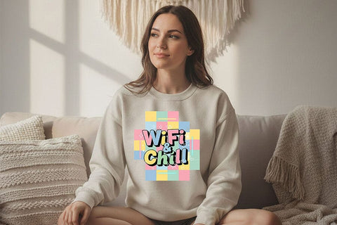 WiFi & Chill Png, Retro Pastel Aesthetic Quote Design, Cute Funny Sublimation Clipart, Checkered Background Png for Shirts And Stickers SVG TiffsCraftyCreations 