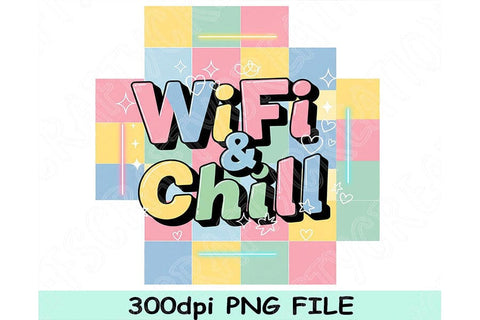 WiFi & Chill Png, Retro Pastel Aesthetic Quote Design, Cute Funny Sublimation Clipart, Checkered Background Png for Shirts And Stickers SVG TiffsCraftyCreations 