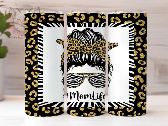 Wild & Chic Mom Life Tumbler, Cheetah Print PNG, Zebra Tumbler Design, Gold Silver Sublimation, 20oz Skinny Tumbler, Messy Bun Mom Wrap, Animal Print Tumbler Sublimation Lara' s Designs 