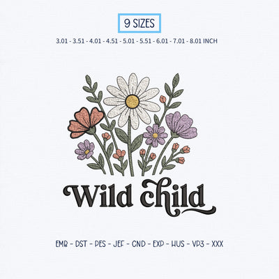 Wild Child Floral Embroidery Design – Boho Daisy Wildflower Typography Machine Embroidery File Embroidery/Applique DESIGNS PatternFeed8 