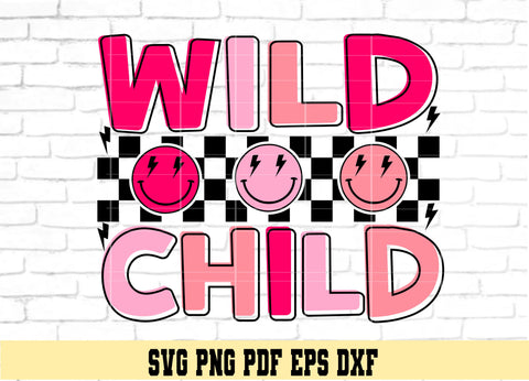 Wild Child Retro Checkered Smile Faces in Pink and Blue for Boy or Girl - Digital Cut File for Cricut, SVG PNG PDF DXF EPS SVG DigitalDesigns365 