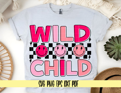 Wild Child Retro Checkered Smile Faces in Pink and Blue for Boy or Girl - Digital Cut File for Cricut, SVG PNG PDF DXF EPS SVG DigitalDesigns365 
