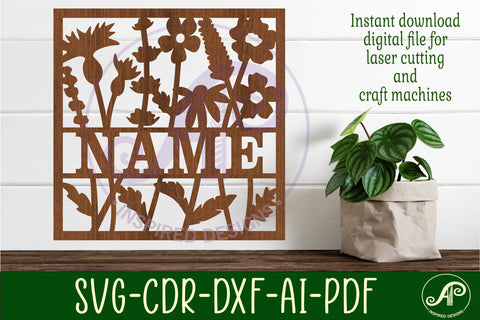 Wild flower square name sign svg laser SVG APInspireddesigns 