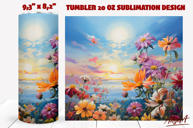 Wild flowers tumbler wrap / blue sky, sunshine, field flower Sublimation Angelina Semenova 