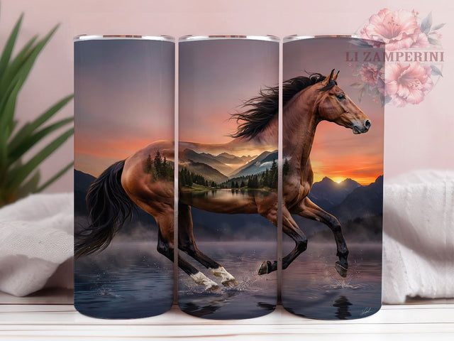 Wild Horse Sunset Gallop 20oz Tumbler, Bay Horse, Galloping Horse, Flowing Mane, Sunset Rays, Skinny Tumbler, Sublimation PNG Sublimation Li Zamperini 