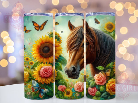 Wild Horse Tumbler, Sunflower Design, PNG Wrap, Sublimation Art, Horse Lover Gifts, Equestrian Decor, Nature Drinkware, Floral Tumbler Sublimation SvggirlplusArt 