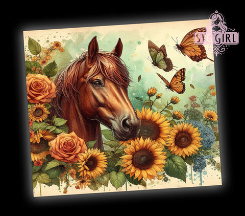 Wild Horse Tumbler, Sunflower Design, PNG Wrap, Sublimation Art, Horse Lover Gifts, Equestrian Decor, Nature Drinkware, Floral Tumbler Sublimation SvggirlplusArt 