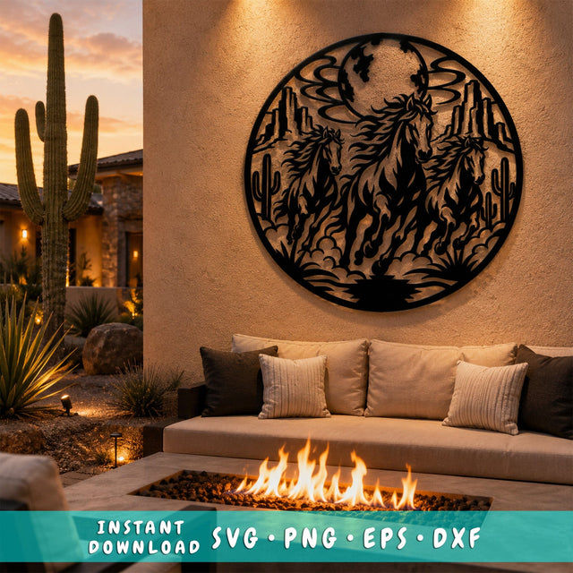 Wild Horses Desert Metal Wall Art SVG | Running Mustang CNC Cut File | Western Horse Plasma DXF | Laser Cut Svg | Rustic Ranch Decor Png Eps SVG HappyDesignStudio 