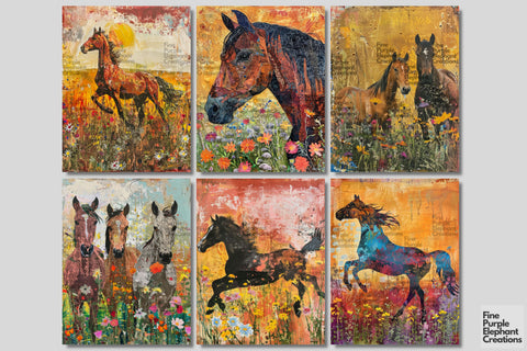 Wild Horses Digital Junk Journal Kit Half Page Digital Pattern Fine Purple Elephant Creations 