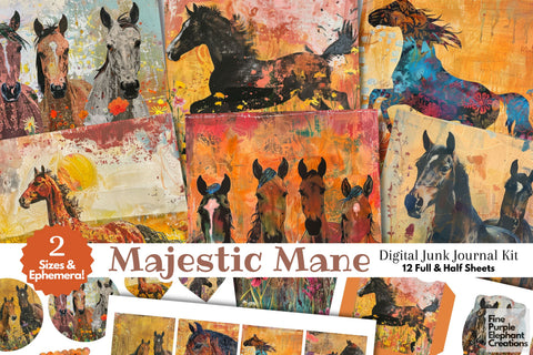Wild Horses Digital Junk Journal Kit Half Page Digital Pattern Fine Purple Elephant Creations 