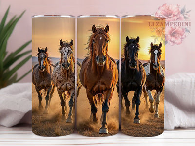 Wild Mustangs Sunset 20oz Tumbler, Wild Mustang, Sunset Scene, Western Vibes, Nature Inspired, Rustic Charm, 20oz Wrap, Sublimation Tumbler Sublimation Li Zamperini 