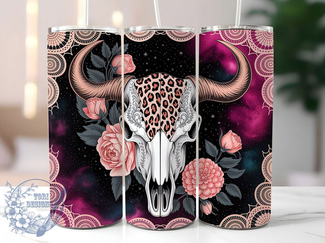 Wild West Boho Cow Skull Tumbler, Aztec Pattern Cup, Boho Cow Skull Mug, 20Oz Tumbler Wrap, Western Bohemian Drinkware, Sublimation Tumbler Design, Rustic Cow Skull Tumbler Sublimation ToriDesigns 