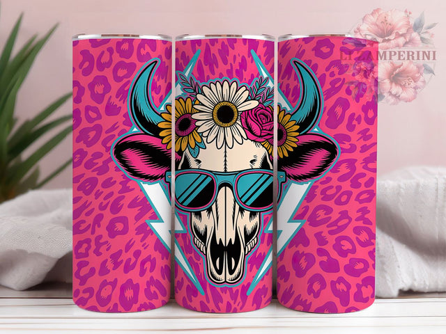Wild West Neon Rocker Boho Skull Tumbler, Neon Rocker Wrap, Boho Cow Skull Design, 20Oz Tumbler Sublimation, Neon Leopard Drinkware, Western Boho Cup, Desert Rock Style Mug Sublimation Li Zamperini 