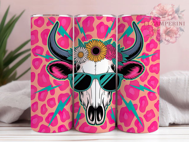 Wild West Neon Rocker Boho Skull Tumbler, Neon Rocker Wrap, Boho Cow Skull Design, 20Oz Tumbler Sublimation, Neon Leopard Drinkware, Western Boho Cup, Desert Rock Style Mug Sublimation Li Zamperini 