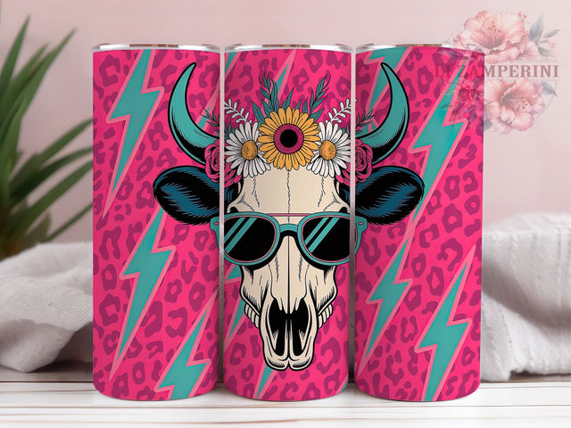 Wild West Neon Rocker Boho Skull Tumbler, Neon Rocker Wrap, Boho Cow Skull Design, 20Oz Tumbler Sublimation, Neon Leopard Drinkware, Western Boho Cup, Desert Rock Style Mug Sublimation Li Zamperini 