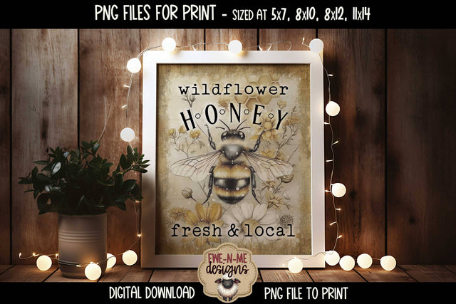 Wildflower Honey Sublimation Design | Vintage Bee with Flowers PNG Sublimation Ewe-N-Me Designs 