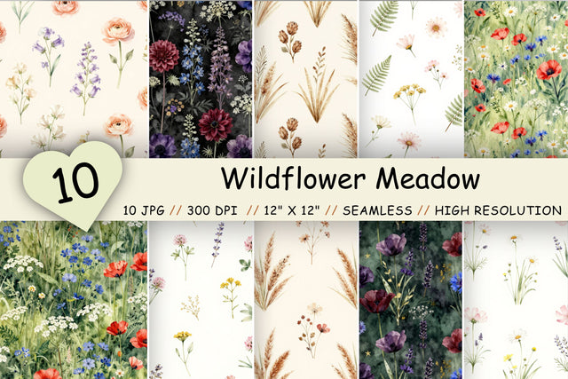 Wildflower Meadow Digital Paper Pack, Seamless Watercolor Botanical Pattern Bundle, Printable Scrapbook Paper, Cottagecore Floral Design Collection Digital Pattern FloridPrintables 