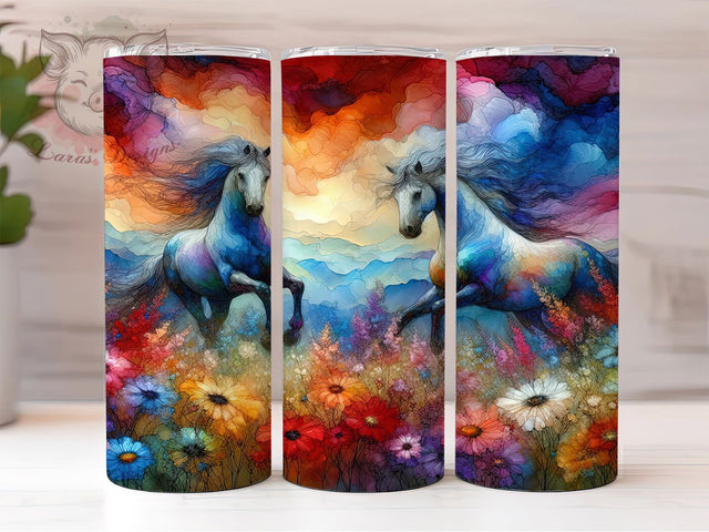 Wildflower Running Horse Tumbler, Wildflower Tumbler, Pink Sky 20oz Wrap, Alcohol Ink Sublimation Design, Stylish Gift Idea, Equestrian Floral Wrap, Country Horse Tumbler Sublimation Lara' s Designs 