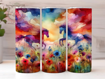 Wildflower Running Horse Tumbler, Wildflower Tumbler, Pink Sky 20oz Wrap, Alcohol Ink Sublimation Design, Stylish Gift Idea, Equestrian Floral Wrap, Country Horse Tumbler Sublimation Lara' s Designs 