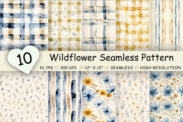 Wildflower Seamless Pattern Bundle, Watercolor Cottagecore Digital Paper Pack, Printable Scrapbook Paper, Blue Yellow Botanical Design Collection Digital Pattern FloridPrintables 