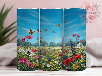 Wildflower Sky Design 20oz Tumbler, Colorful Flowers, Bright Blue Sky, Sun-Drenched Landscape, Botanical Design, Skinny Tumbler, Sublimation PNG Sublimation Li Zamperini 