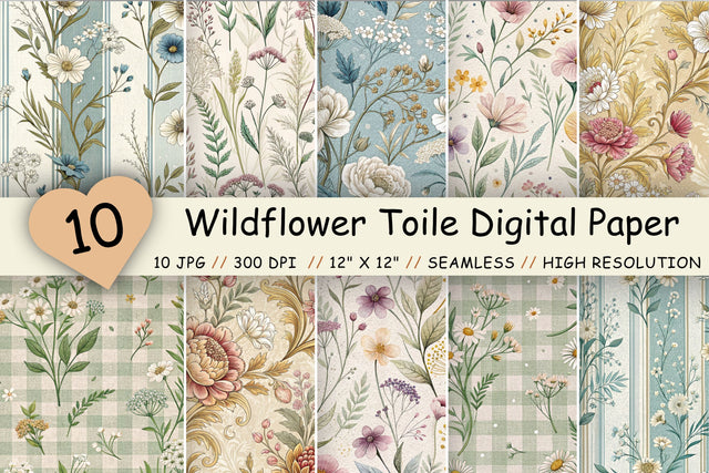 Wildflower Toile Digital Paper Pack, Vintage Floral Toile, Gingham & Stripe Seamless Patterns, Wedding, Scrapbooking & Printable Crafts Digital Pattern FloridPrintables 