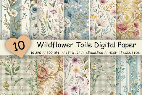 Wildflower Toile Digital Paper Pack, Vintage Floral Toile, Gingham & Stripe Seamless Patterns, Wedding, Scrapbooking & Printable Crafts Digital Pattern FloridPrintables 