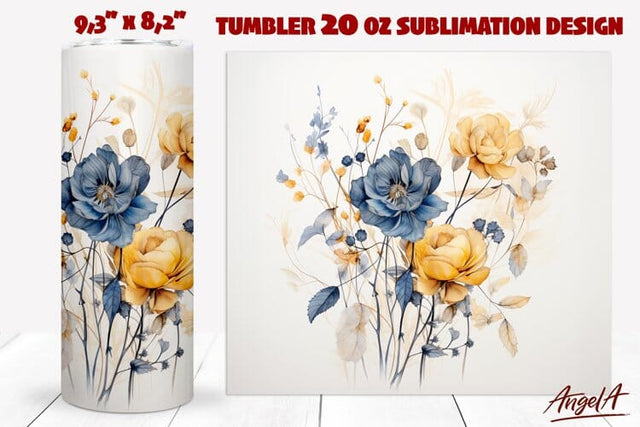 Wildflower tumbler wrap / blue and yellow flowers Sublimation Angelina Semenova 