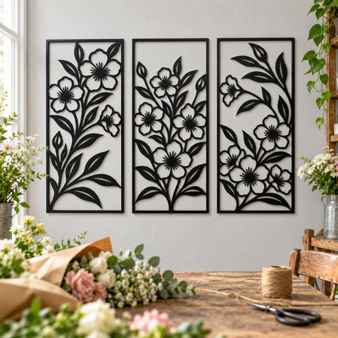 Wildflower Wall Panels Laser SVG | Floral Triptych DXF | Botanical Metal Wall Art Set | Flower Plasma CNC Cutting File SVG HappyDesignStudio 