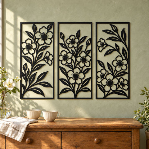 Wildflower Wall Panels Laser SVG | Floral Triptych DXF | Botanical Metal Wall Art Set | Flower Plasma CNC Cutting File SVG HappyDesignStudio 
