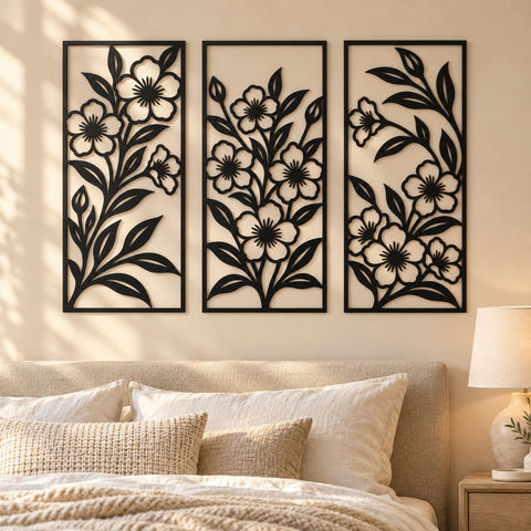 Wildflower Wall Panels Laser SVG | Floral Triptych DXF | Botanical Metal Wall Art Set | Flower Plasma CNC Cutting File SVG HappyDesignStudio 