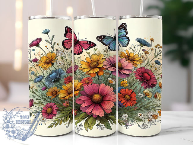 Wildflowers And Butterflies Vibrant Colors 20oz Skinny Tumbler, Spring Tiny Wildflowers Tumbler Png, Straight & Tapered Tumbler Wrap, Instant Digital Download Sublimation ToriDesigns 