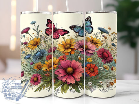 Wildflowers And Butterflies Vibrant Colors 20oz Skinny Tumbler, Spring Tiny Wildflowers Tumbler Png, Straight & Tapered Tumbler Wrap, Instant Digital Download Sublimation ToriDesigns 
